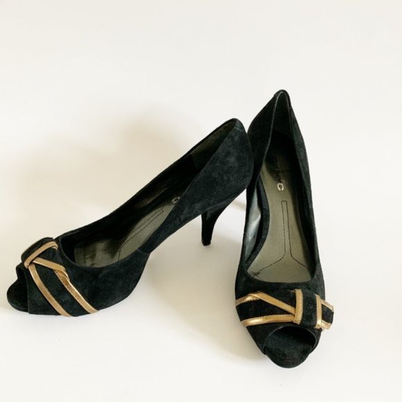DKNY Open Toe Heels Black & Gold Size 9.5 - Picture 2 of 5